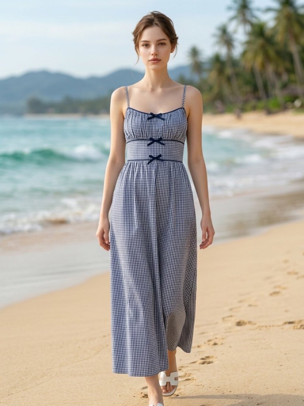 House of Harlow 1960 Navy Gingham Cotton Maxi Dress Smocked Back Pockets Size S